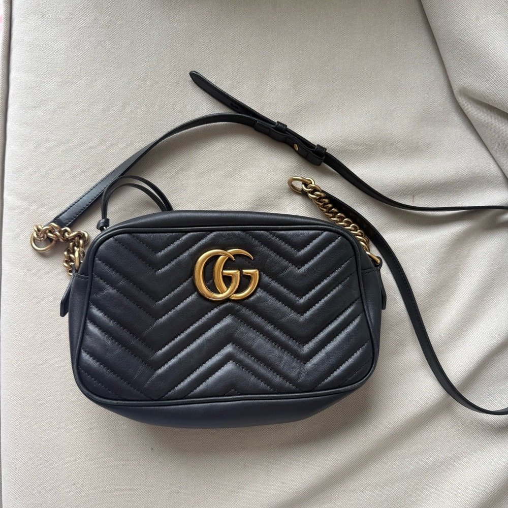 Gucci Black Chevron Quilted Leather Crossbody with Gold GG